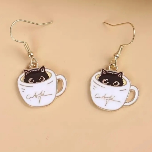 Jewelry - Black Cat in Coffee Cup Earrings